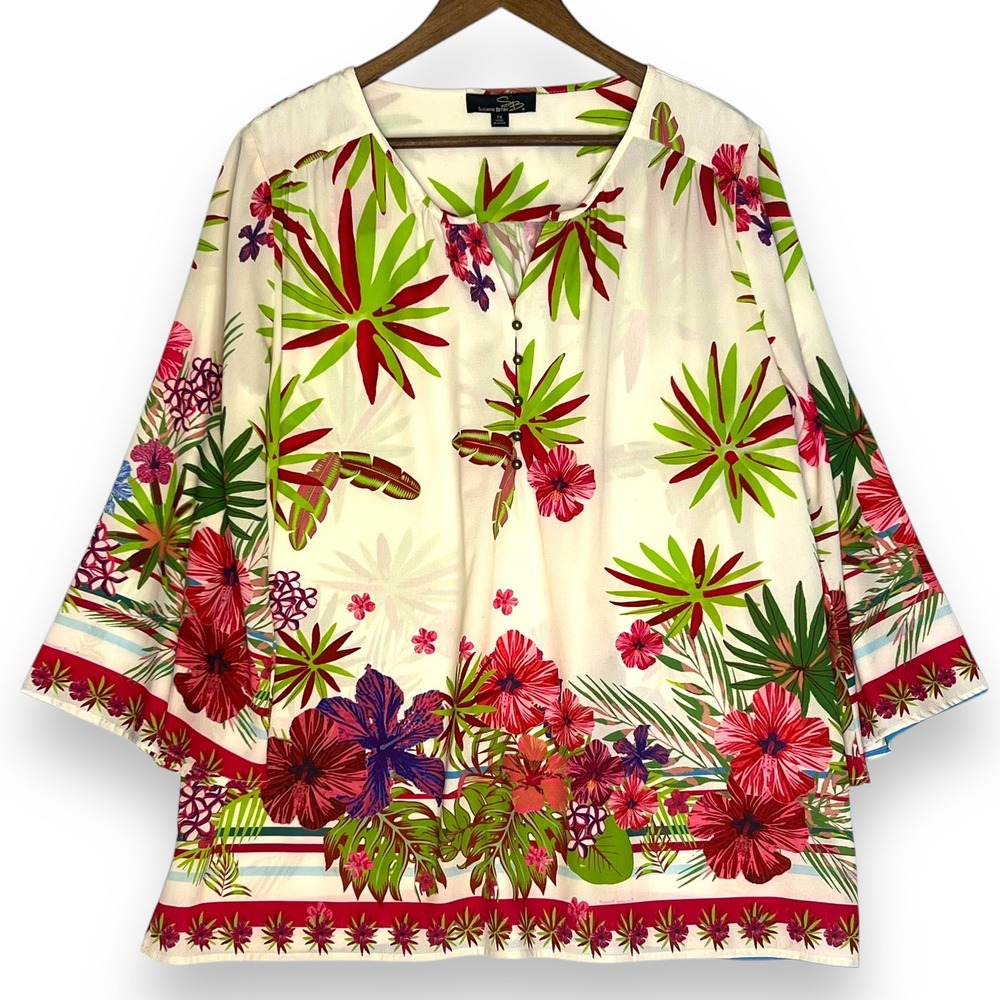 Suzanne Betro Tropical Floral Print Blouse Vacation 1X Button Up 3/4 Sleeve Top